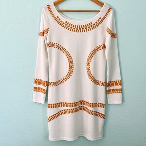 White and Gold Egyptian Print Long Sleeve Mini‎ Dress Size XL